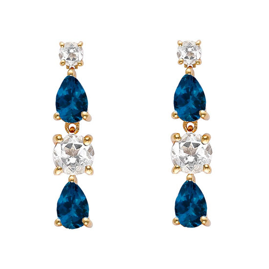 Short Teal Topaz and White Topaz Drop Earrings in Yellow Gold