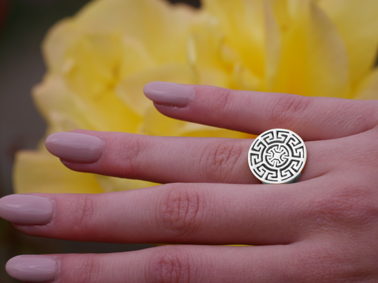 Model wearing Silver Aztec Ring