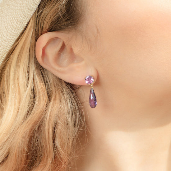 Model wearing Purple Amethyst & Pink Tourmaline Gold Drop Earrings