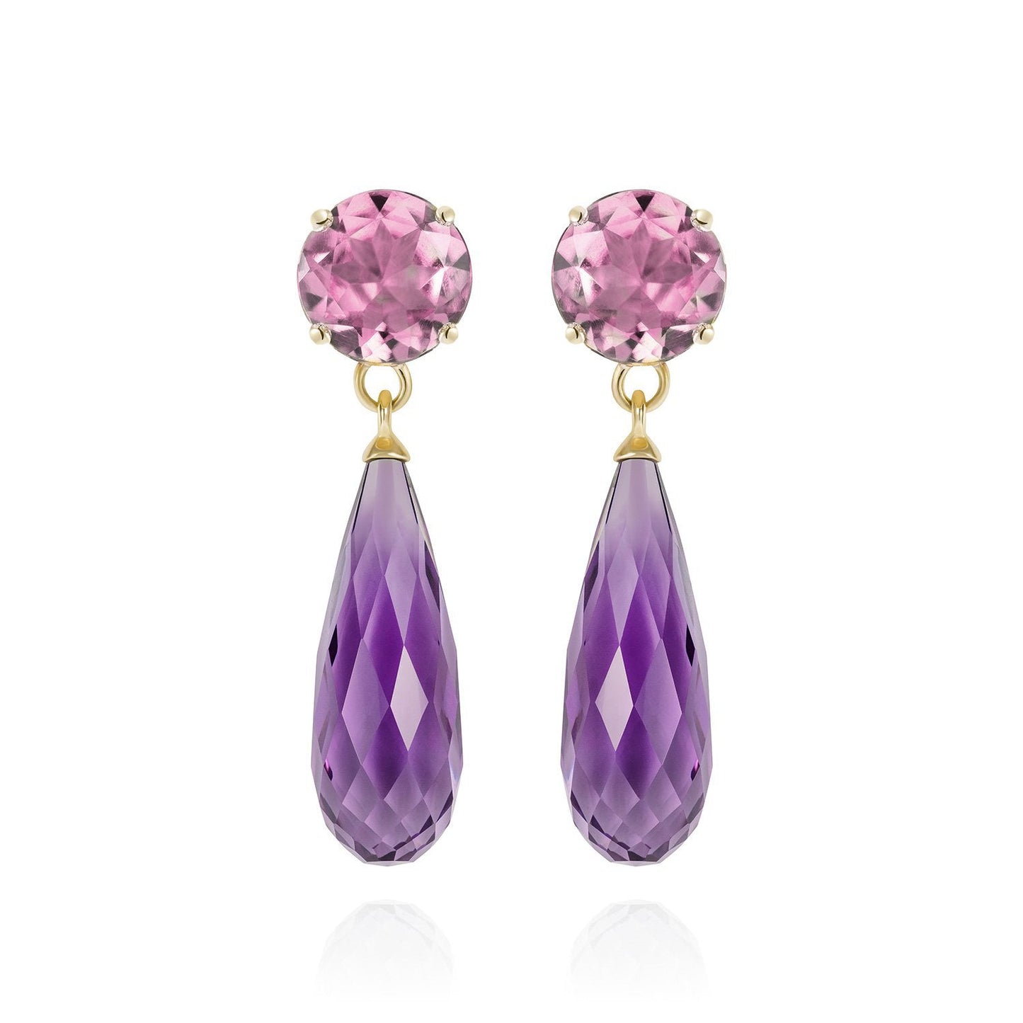 Purple Amethyst & Pink Tourmaline Gold Drop Earrings