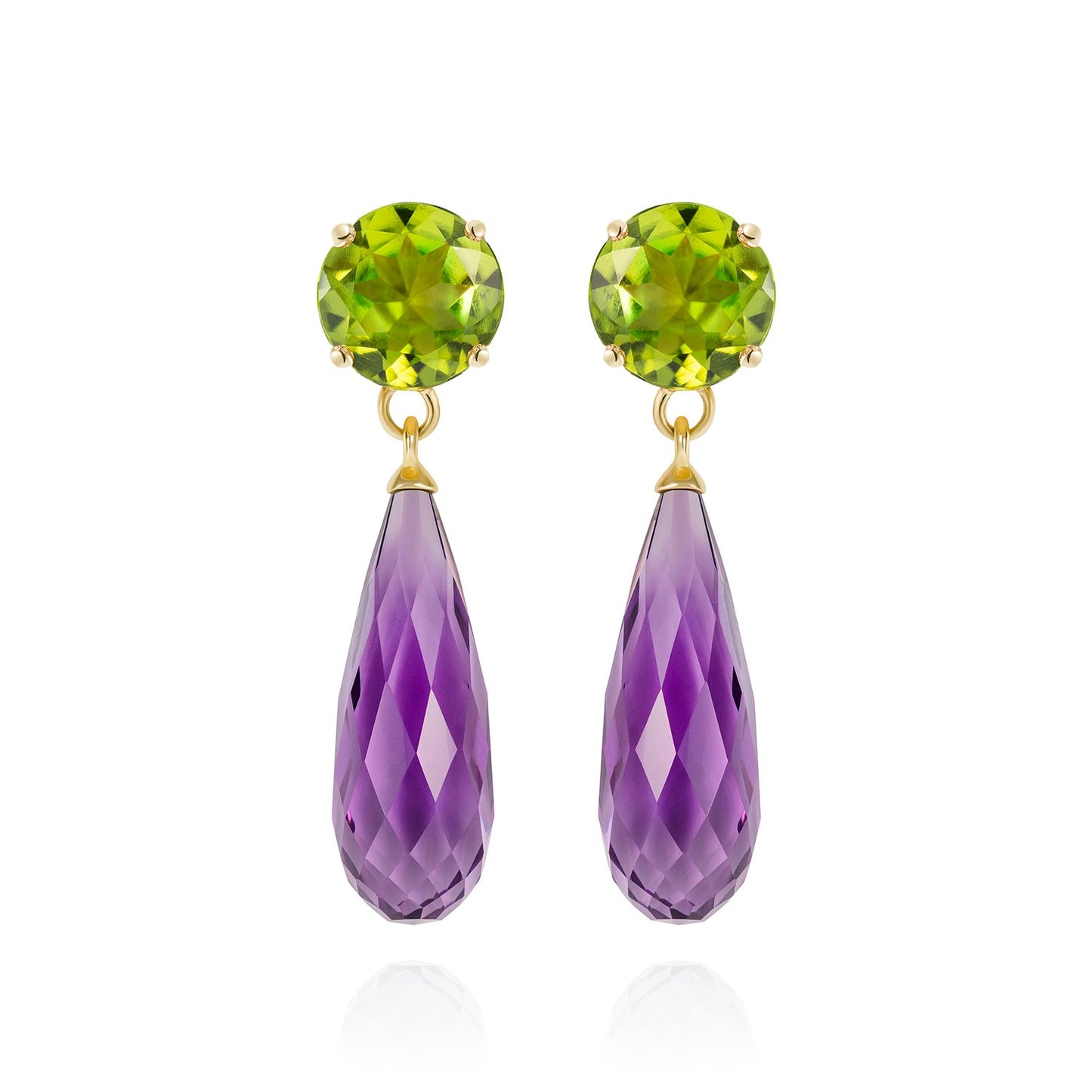 Purple Amethyst and Peridot Gold Drop Earrings