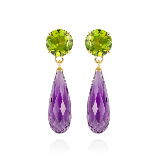 British Jewellers designed London-made custom gold jewellery -Purple Amethyst and Peridot Gold Drop Earrings– Como Collection, Augustine Jewellery, British Jewellers, Gemstone Jewellery, Luxury Jewellery London.
