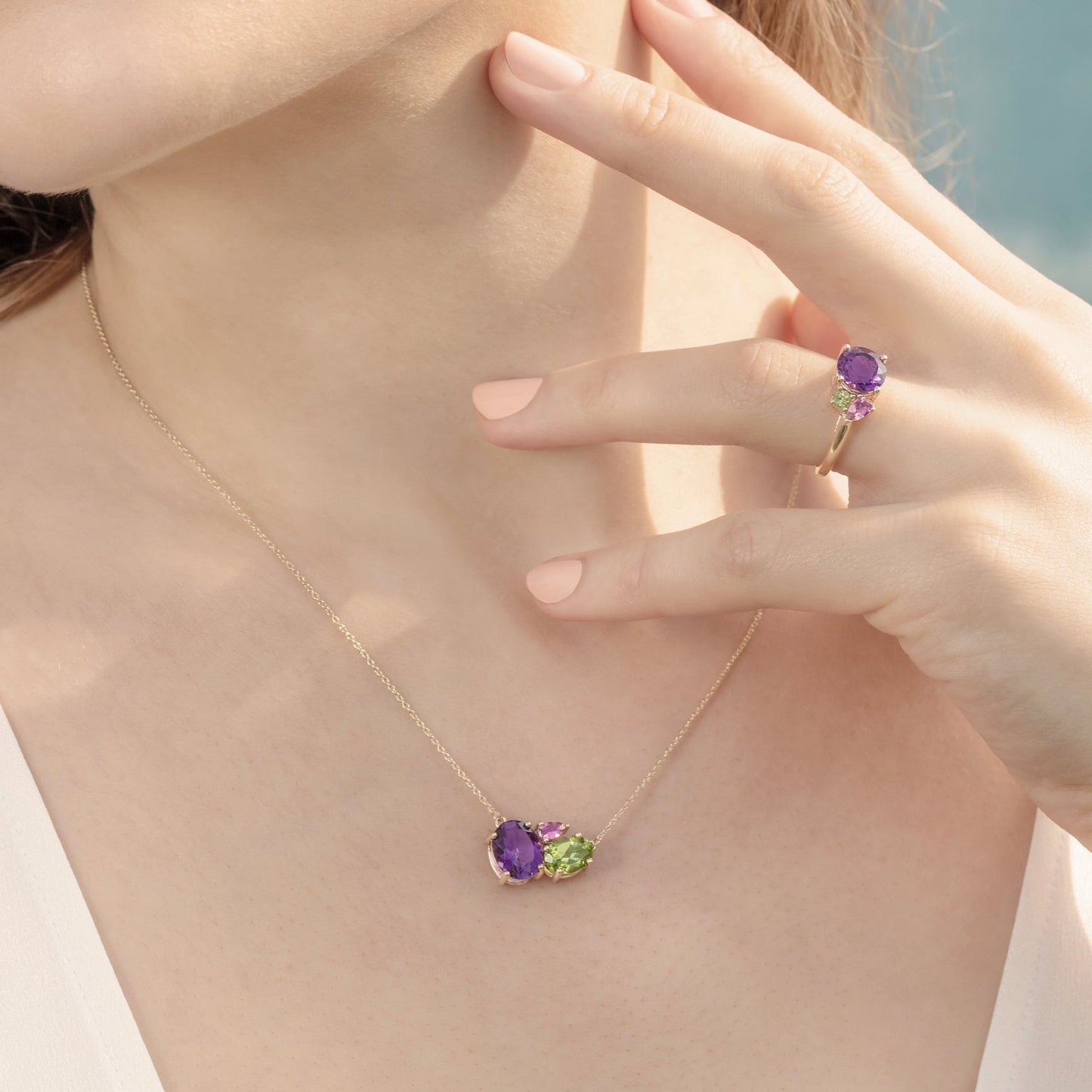 Model Wearing Purple Amethyst Gold Cluster Necklace