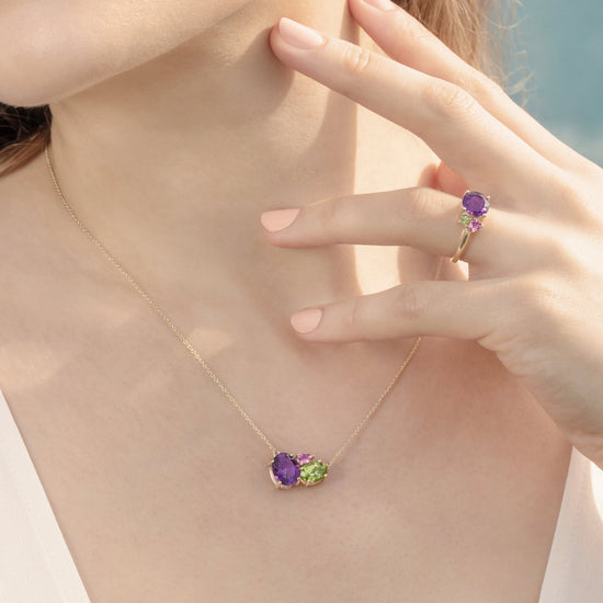 Model Wearing Purple Amethyst Gold Cluster Necklace