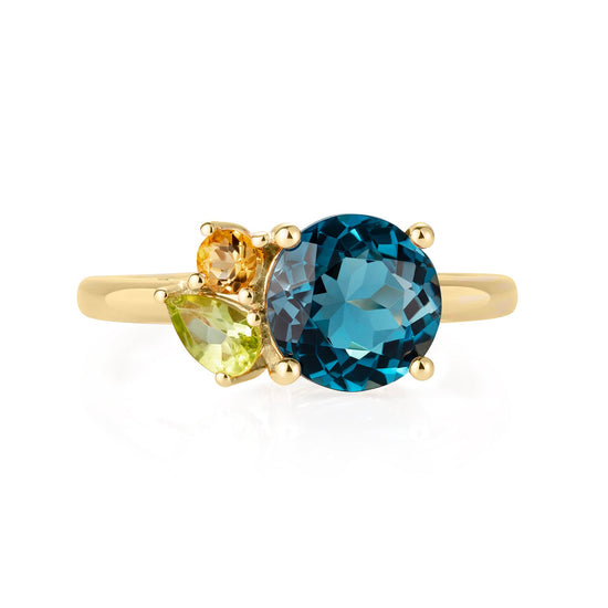 British Jewellers designed London-made custom gold jewellery -Teal Topaz Gold Cluster Ring with Citrine and Peridot – Como Collection, Augustine Jewellery, British Jewellers, Gemstone Jewellery, Luxury Jewellery London.