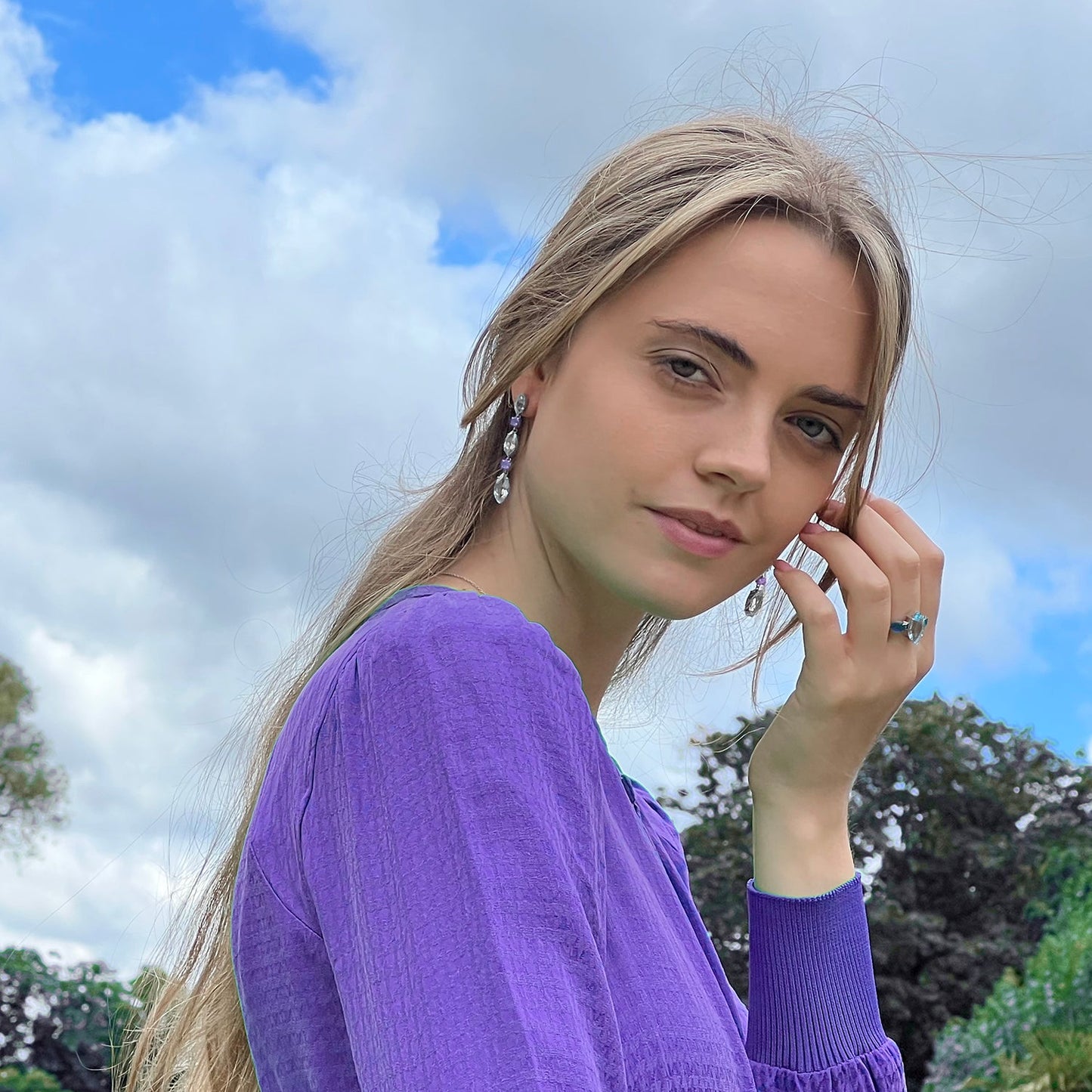 Model wearing White Topaz & Purple Amethyst Earrings