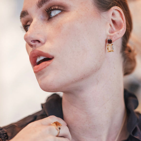 Model wearing Octagon Gold Drop Earrings in Garnet & Citrine