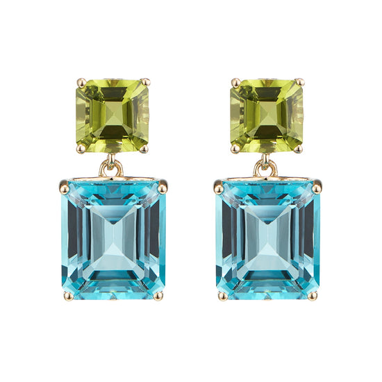 Octagon Gold Drop Earrings in Peridot & Blue Topaz