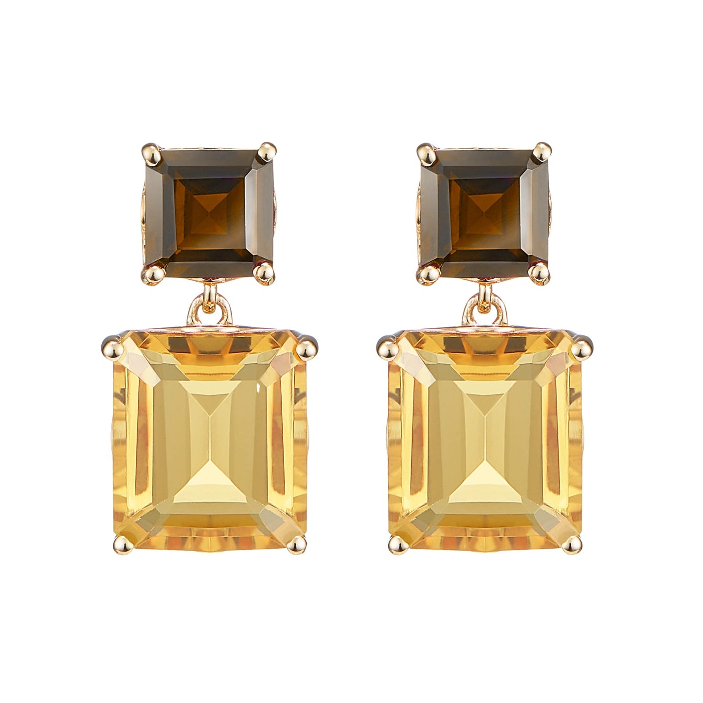 London-made luxury custom gold gemstone jewellery -9ct Yellow Gold Octagon Gold Drop Earrings in Smoky Quartz and Citrine – Andalusian Collection, Augustine Jewellery, British Jewellers, Gemstone Jewellery, Luxury Jewellery London.