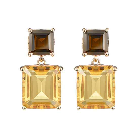 London-made luxury custom gold gemstone jewellery -9ct Yellow Gold Octagon Gold Drop Earrings in Smoky Quartz and Citrine – Andalusian Collection, Augustine Jewellery, British Jewellers, Gemstone Jewellery, Luxury Jewellery London.