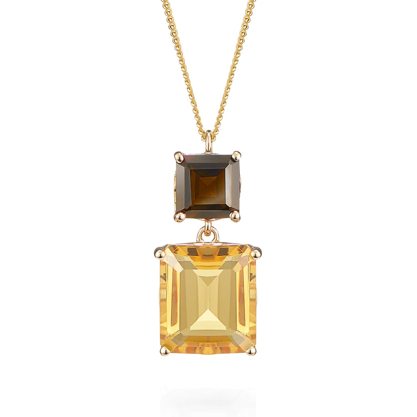 London-made luxury custom gold gemstone jewellery -9ct Yellow Gold Octagon Pendent Necklace in Smoky Quartz and Citrine – Andalusian Collection, Augustine Jewellery, British Jewellers, Gemstone Jewellery, Luxury Jewellery London.