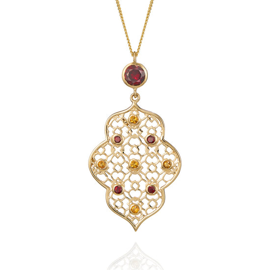 Gold Filigree Necklace in Garnet and Citrine