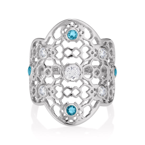London-made luxury custom gold gemstone jewellery - Silver Filigree Ring in White Topaz and Blue Topaz – Andalusian Collection, Augustine Jewellery, British Jewellers, Gemstone Jewellery, Luxury Jewellery London.