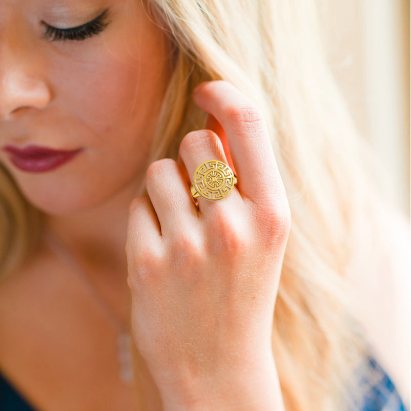 Model wearing Yellow Gold Plate Aztec Ring