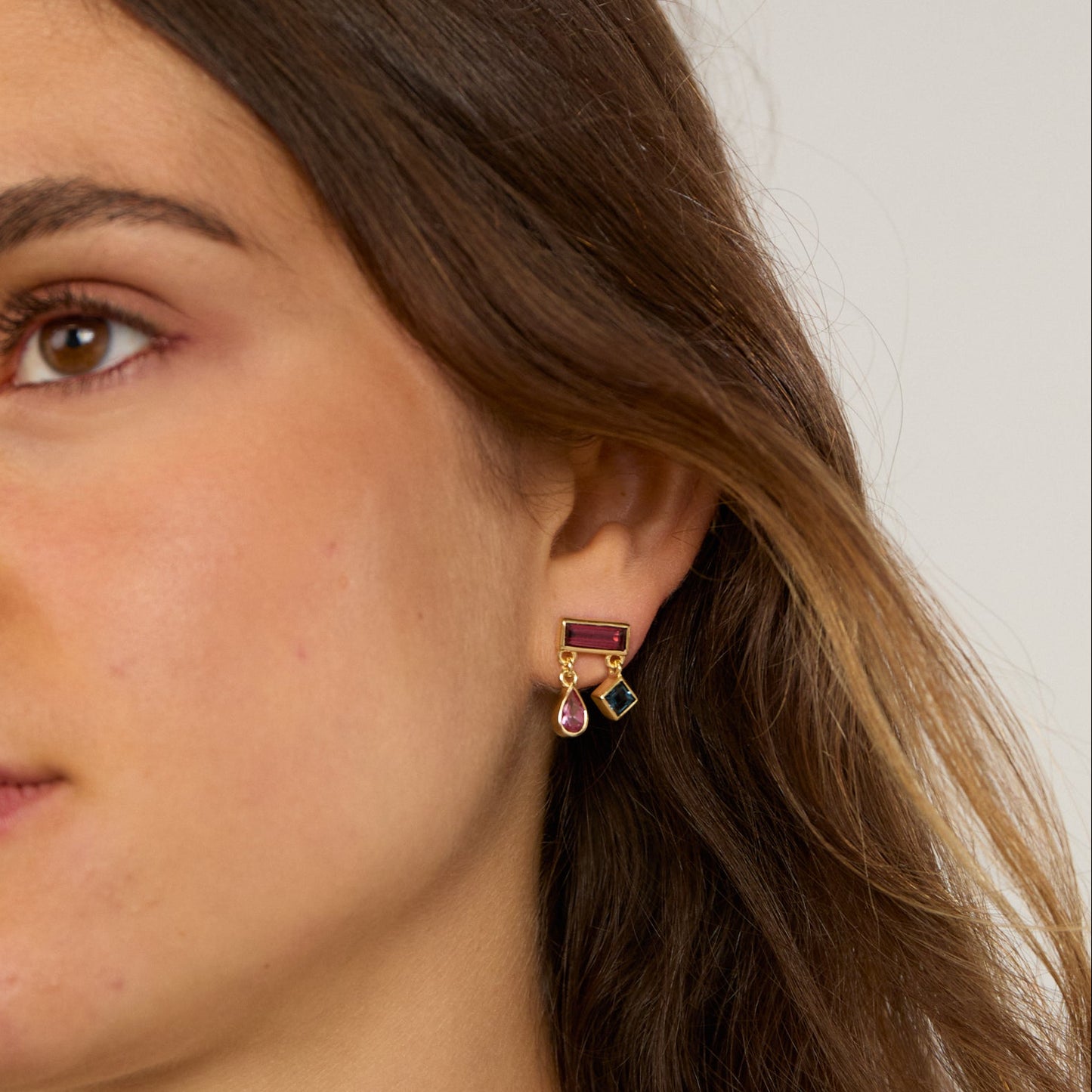 Egyptian Short Drop Earring with Teal Topaz, Rhodolite and Pink Topaz
