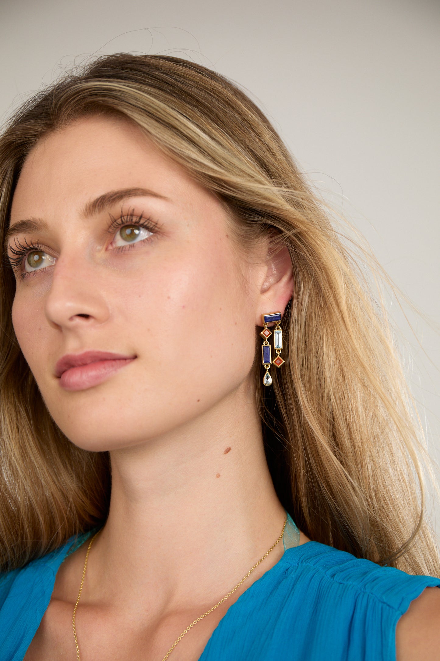 Egyptian Long Drop Earring with Lapis Lazuli, Aquamarine and Carnelian