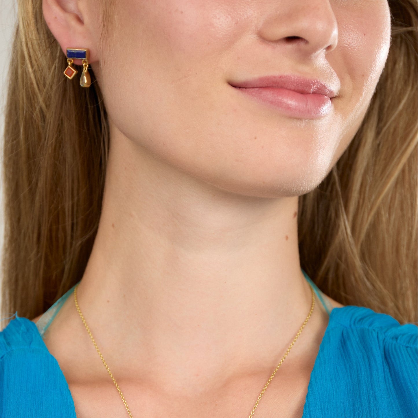 Egyptian Short Drop Earring with Lapis Lazuli, Aquamarine and Carnelian