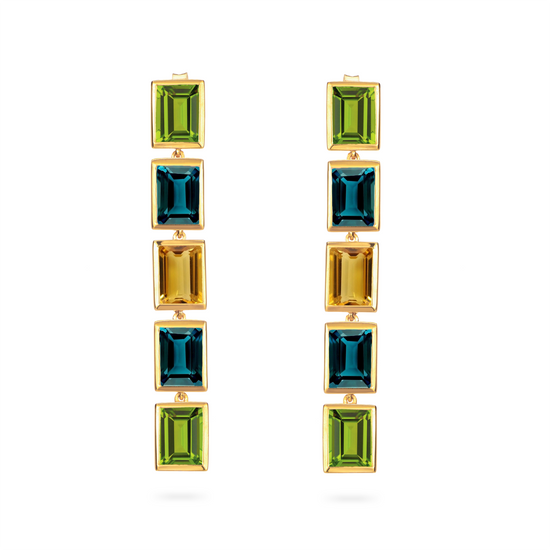 Load image into Gallery viewer, Peridot, London Blue Topaz and Citrine 5 Drop Earrings
