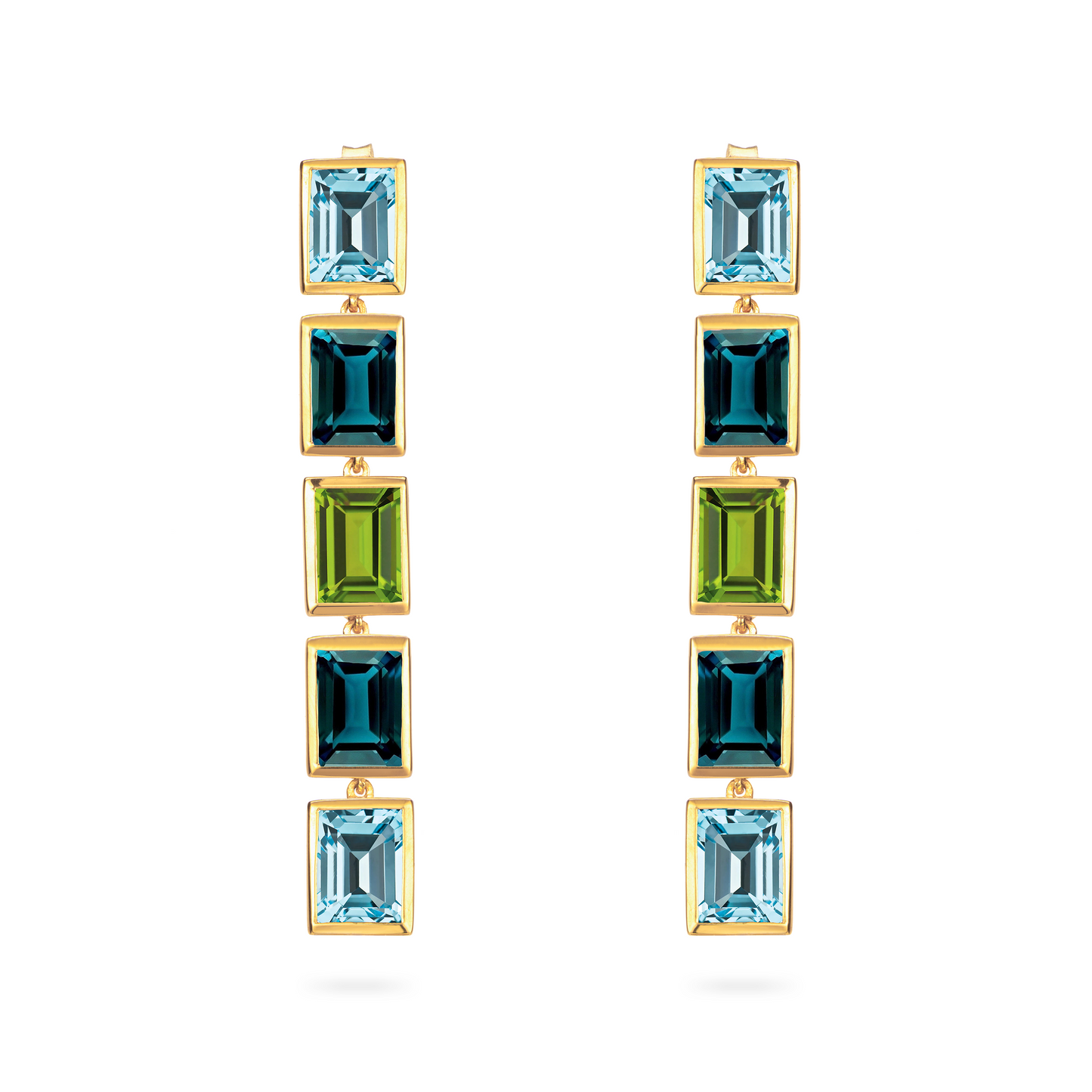 Load image into Gallery viewer, Sky Blue Topaz, London Blue Topaz and Peridot 5 Drop Earrings
