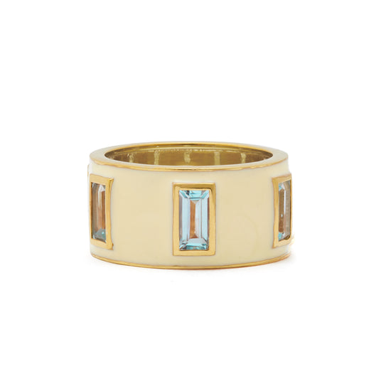 Load image into Gallery viewer, Sky Blue Topaz and White Enamel Drum Ring
