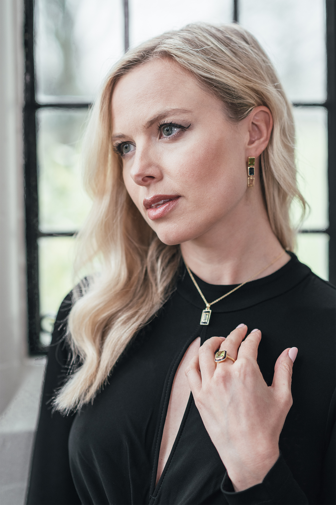 Peridot, London Blue Topaz and Citrine 3 Drop Earrings, Peridot and Navy Enamel Cocktail Ring, Peridot and Navy Enamel Drop Necklace - Augustine Jewels