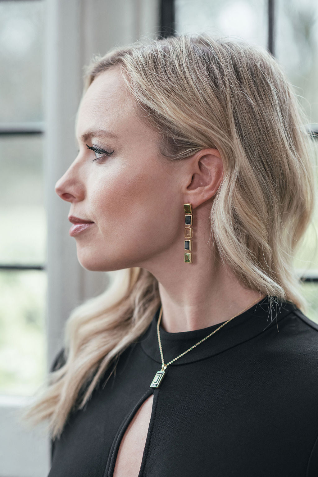 Peridot and Navy Enamel Drop Necklace, Peridot, London Blue Topaz and Citrine 5 Drop Earrings - Augustine Jewels