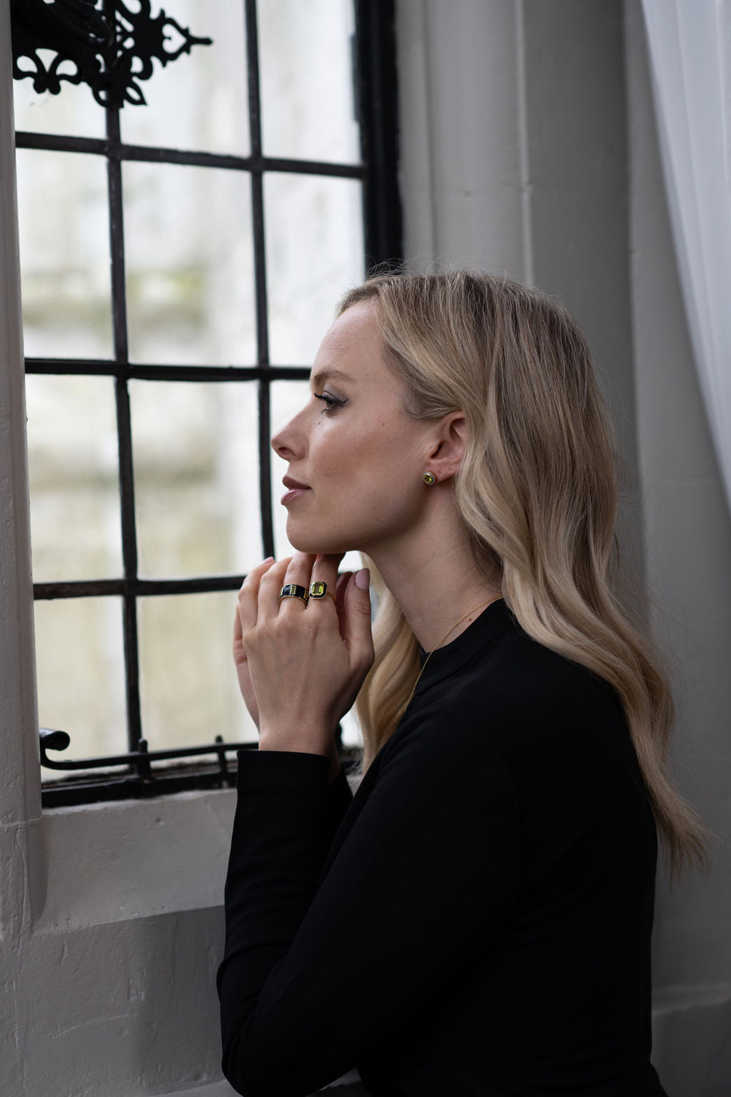 Peridot and Navy Enamel Drum Ring, Peridot and Navy Enamel Stud Earrings, Peridot and Navy Enamel Cocktail Ring - Augustine Jewels