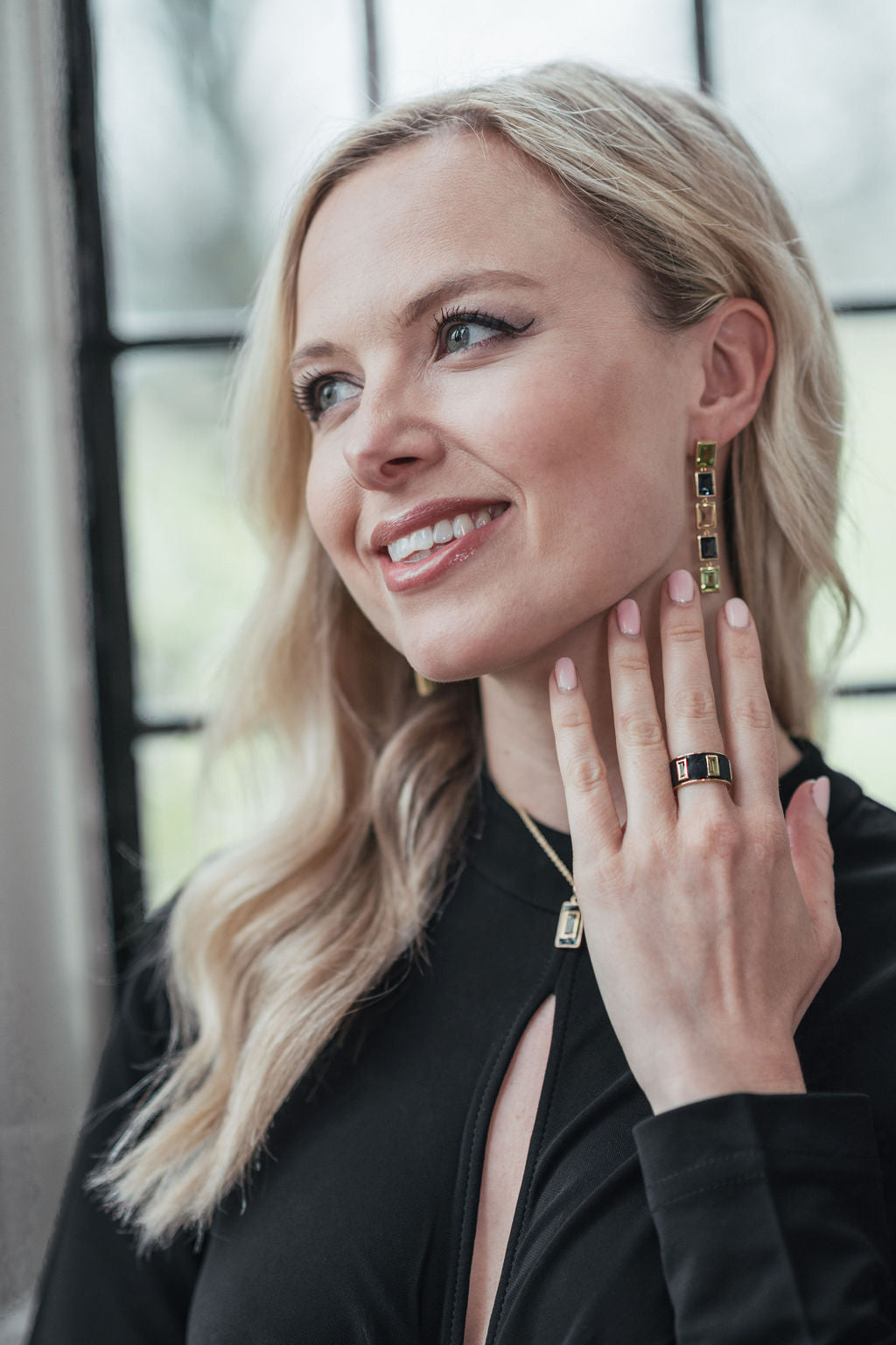 Peridot and Navy Enamel Drum Ring, Peridot, London Blue Topaz and Citrine 5 Drop Earrings, Peridot and Navy Enamel Drop Necklace - Augustine Jewels