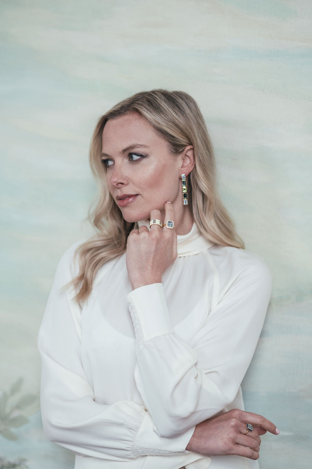 Sky Blue Topaz, London Blue Topaz and Peridot 5 Drop Earrings, Sky Blue Topaz and White Enamel Cocktail Ring, Sky Blue Topaz and Cream Enamel Drum Ring - Augustine Jewels