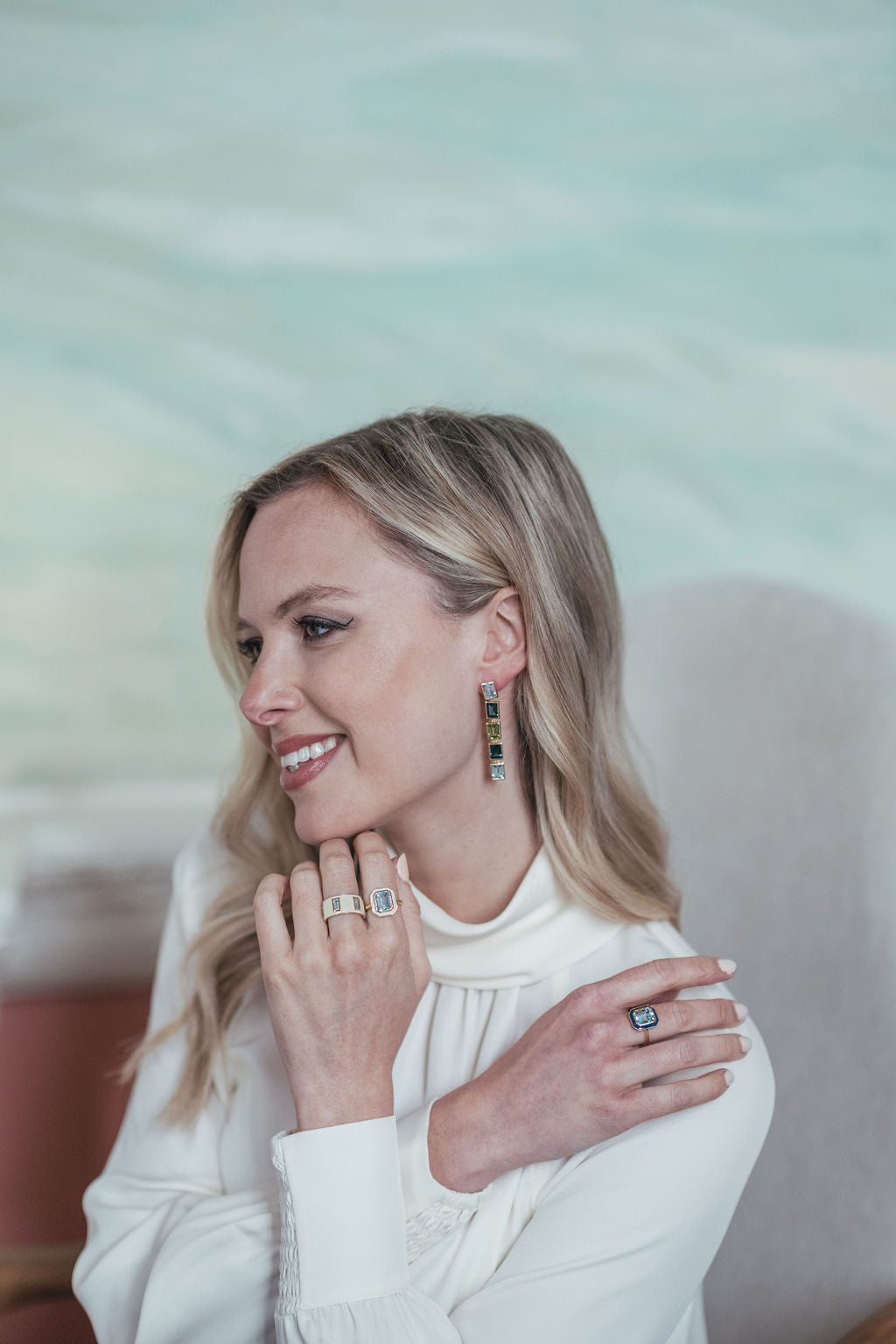 Sky Blue Topaz and White Enamel Cocktail Ring, Sky Blue Topaz and Navy Enamel Cocktail Ring, Sky Blue Topaz and Cream Enamel Drum Ring, Sky Blue Topaz, London Blue Topaz and Peridot 5 Drop Earrings - Augustine Jewels