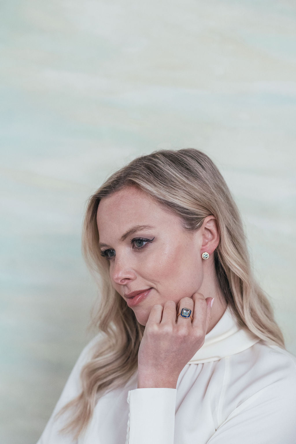 Sky Blue Topaz and White Enamel Stud Earrings, Sky Blue Topaz and Navy Enamel Cocktail Ring - Augustine Jewels