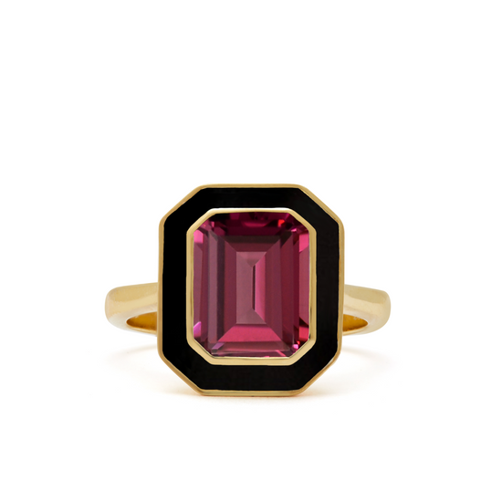Load image into Gallery viewer, Rhodolite and Black Enamel Cocktail Ring
