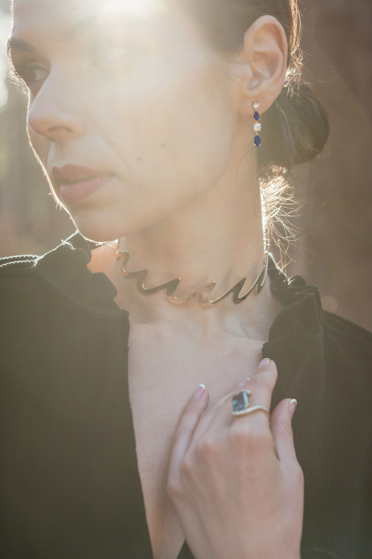 Short Teal Topaz and White Topaz Drop Earrings in Yellow Gold, Teal Topaz and Diamond Wedeln Ring, Yellow Gold Vermeil Wedeln Torc - Augustine Jewels