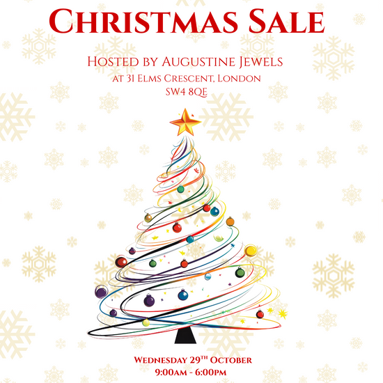 Christmas sale flyer with a colorful Christmas tree design on a white background with snowflakes.
