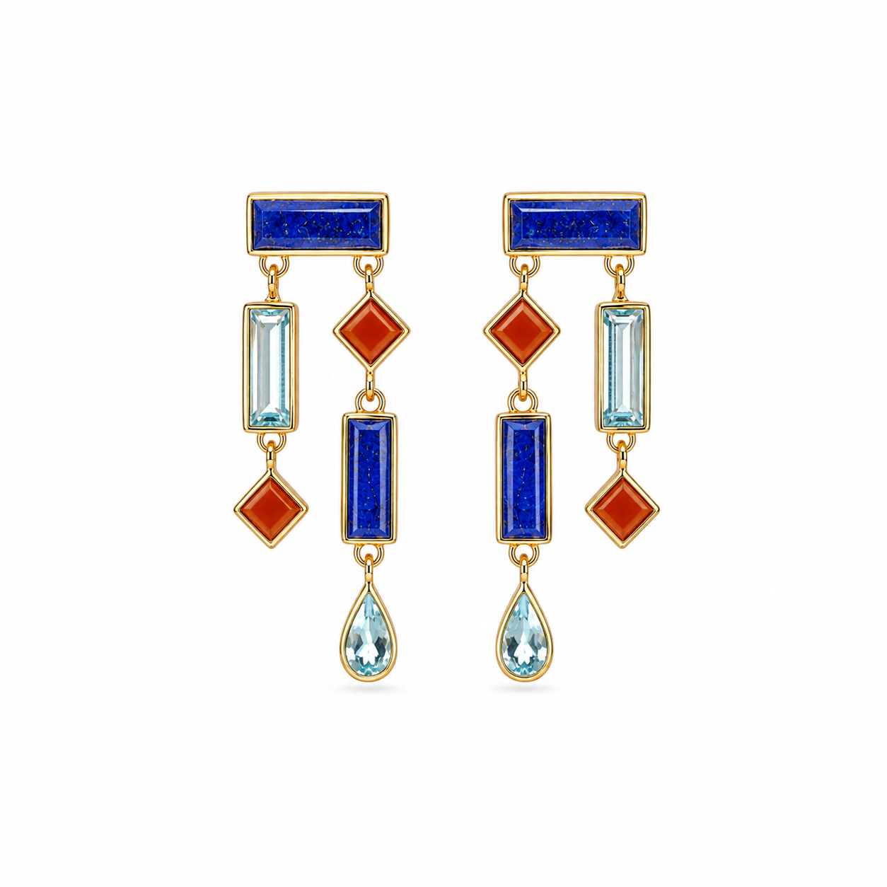 Egyptian Long Drop Earring with Lapis Lazuli, Aquamarine and Carnelian