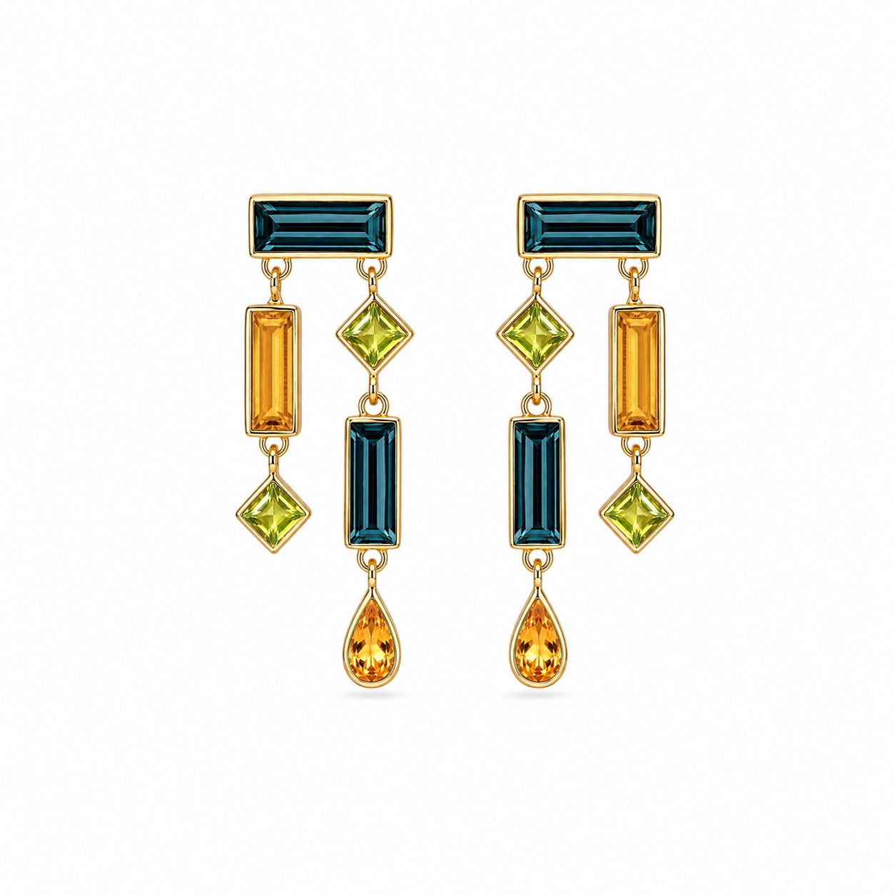 Egyptian Long Drop Earring with Peridot, Citrine and Teal Topaz