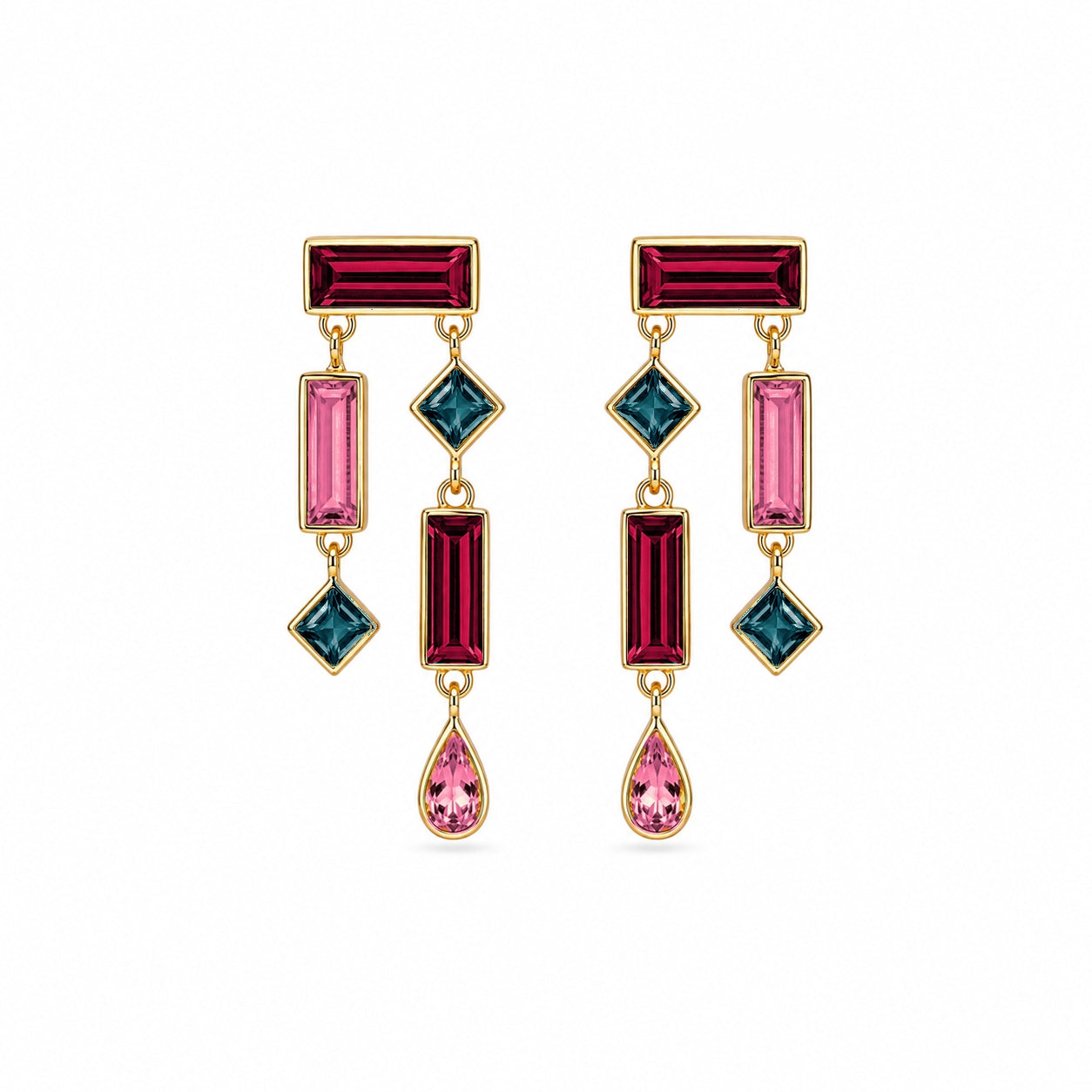 Egyptian Long Drop Earring with Teal Topaz, Rhodolite and Pink Topaz
