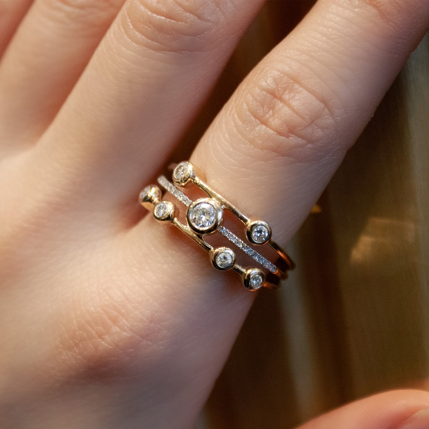 Delicate 3-Tiered Round Shaped Gold Diamond Ring Bezel Set - Augustine Jewels