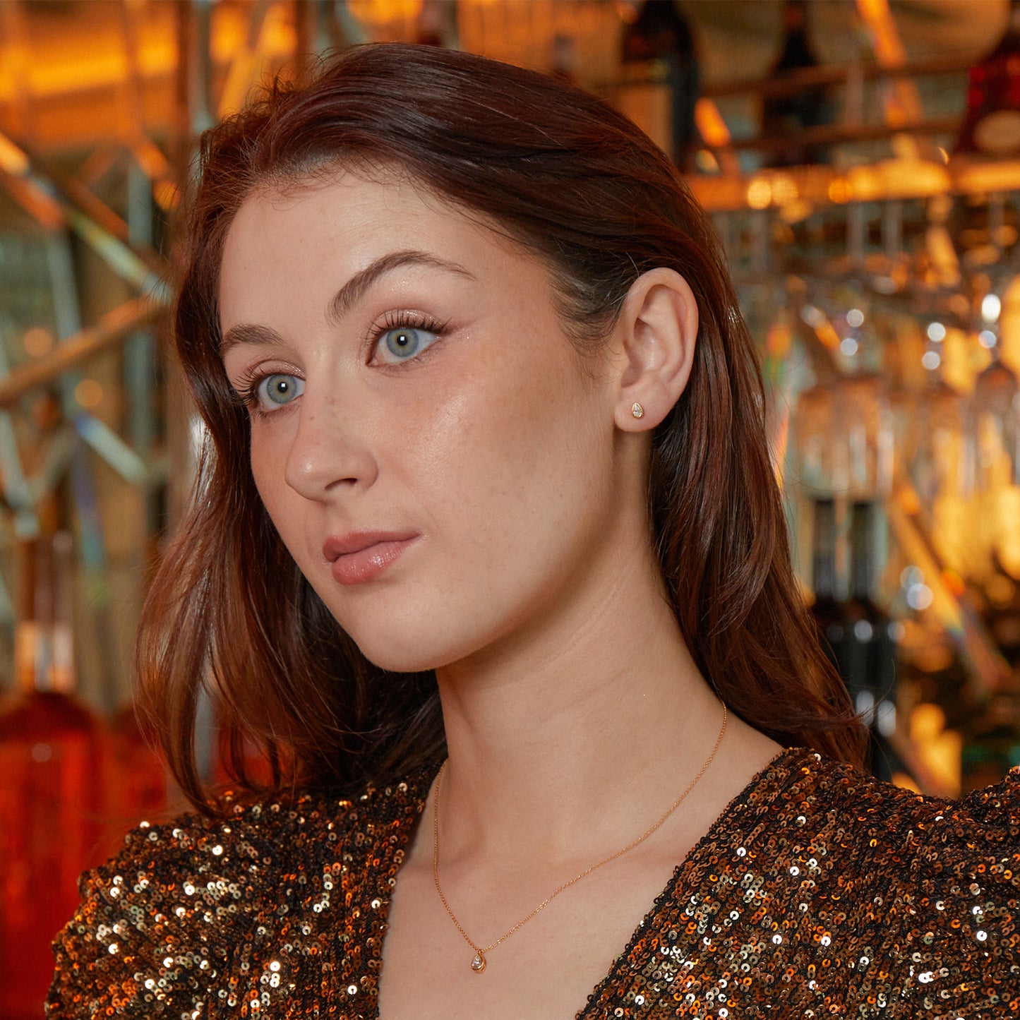 Delicate Pear Shaped Gold Diamond Stud Earrings Bezel Set - Augustine Jewels 