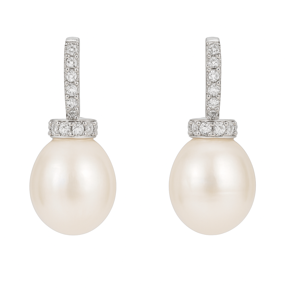 White Gold Pearl and Diamond Hoop Earrings - Augustine Jewels
