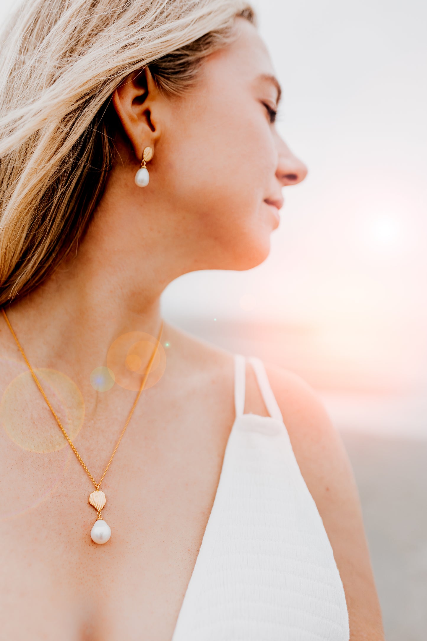 Gold Shell and Pearl Necklace, Gold Shell and Pearl Drop Earrings - Augustine Jewels