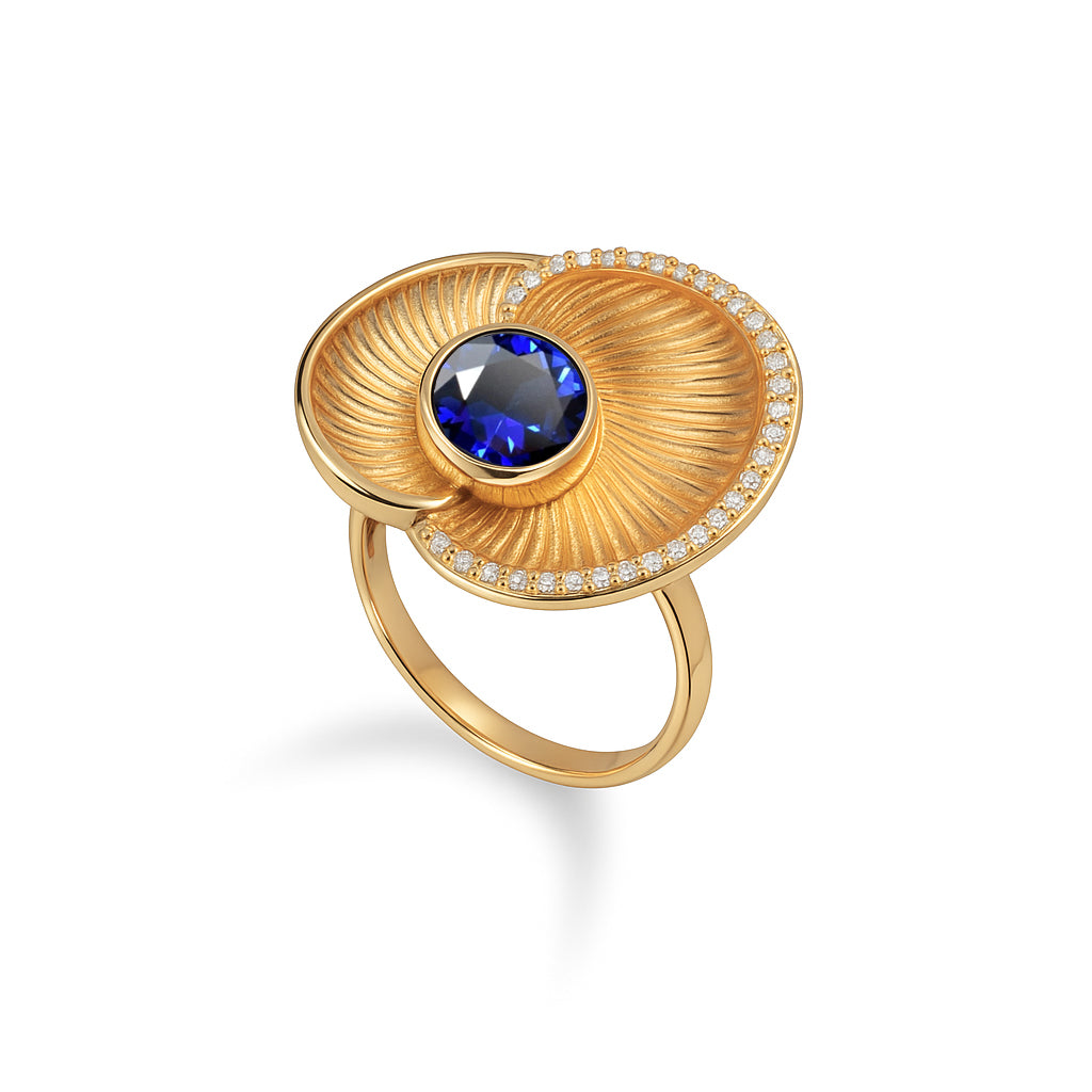 Blue Gemstone and Diamond Gold Shell Ring - Augustine Jewels
