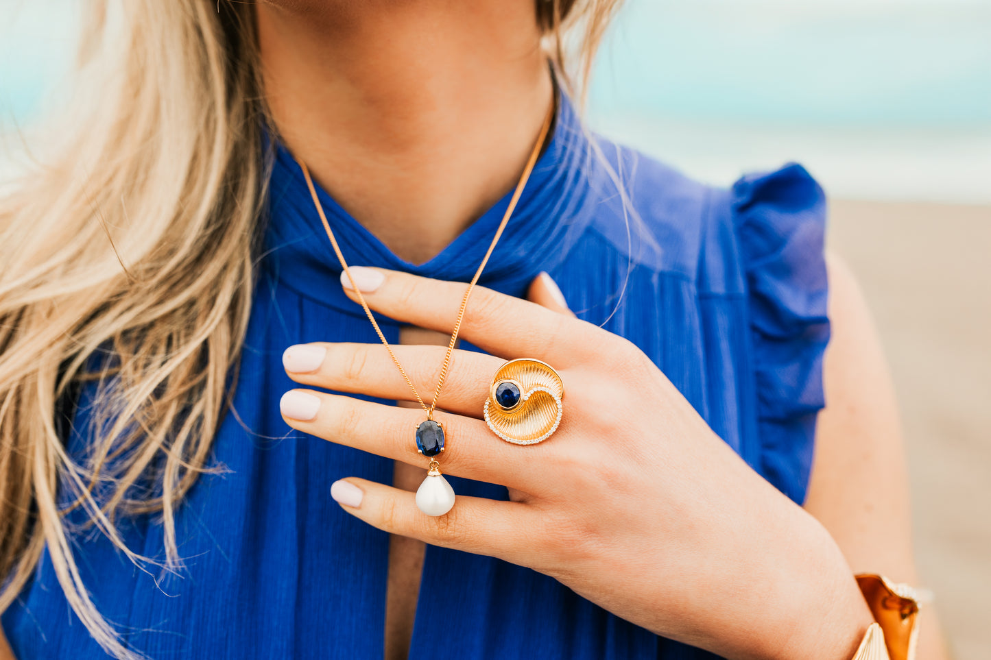 Blue Gemstone Diamond Gold Shell Ring and Pearl Blue Gemstone Necklace - Augustine Jewels