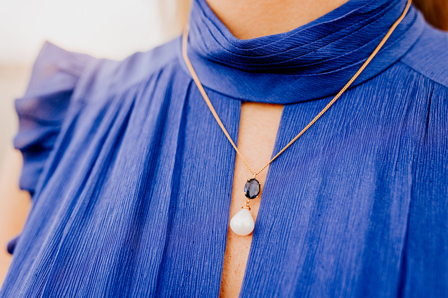 Blue Gemstone and Pearl Gold Necklace - Augustine Jewels