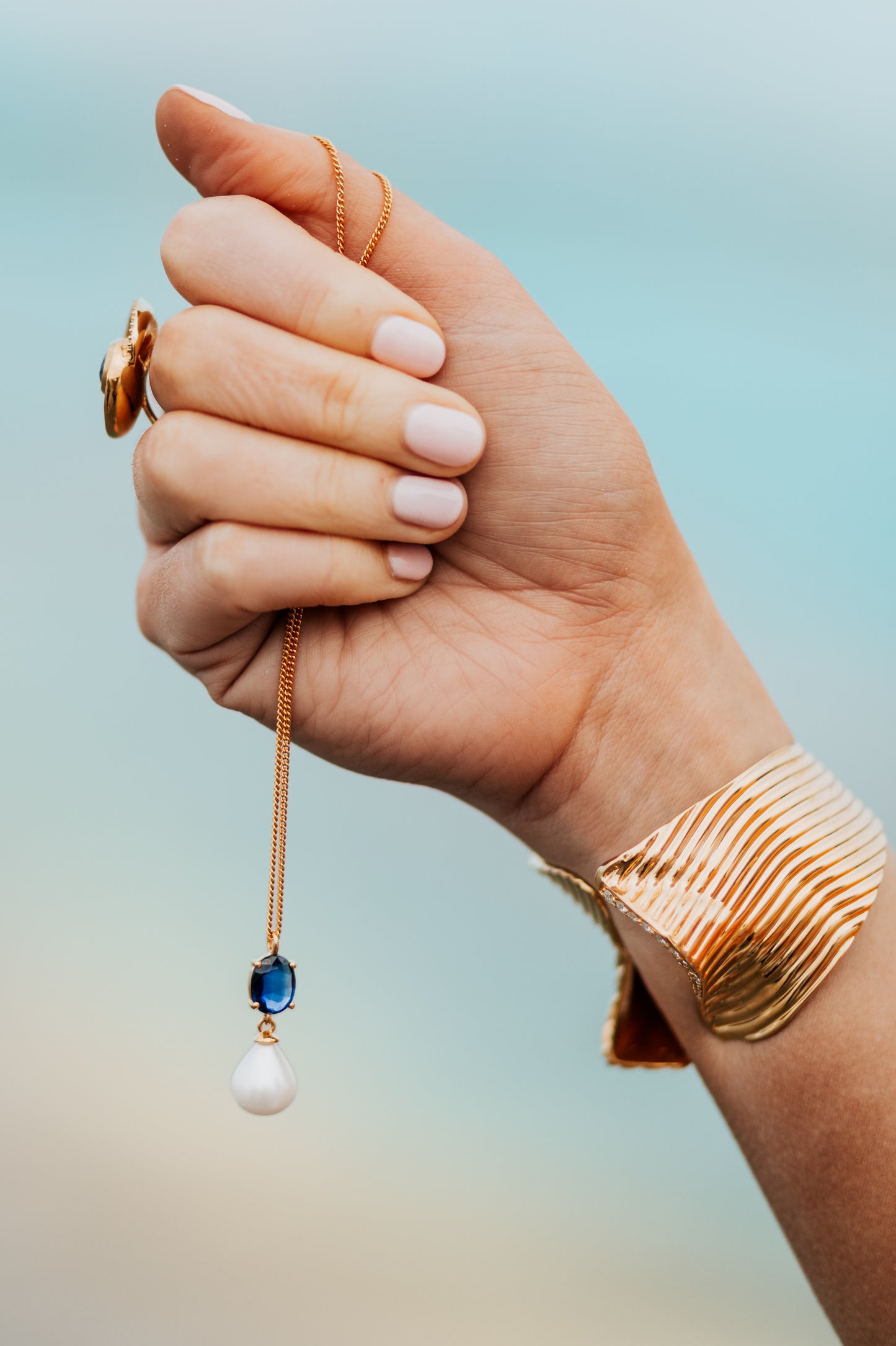 Blue Gemstone and Pearl Gold Necklace, Gold Shell Ring, Gold Open Twist Cuff - Augustine Jewels