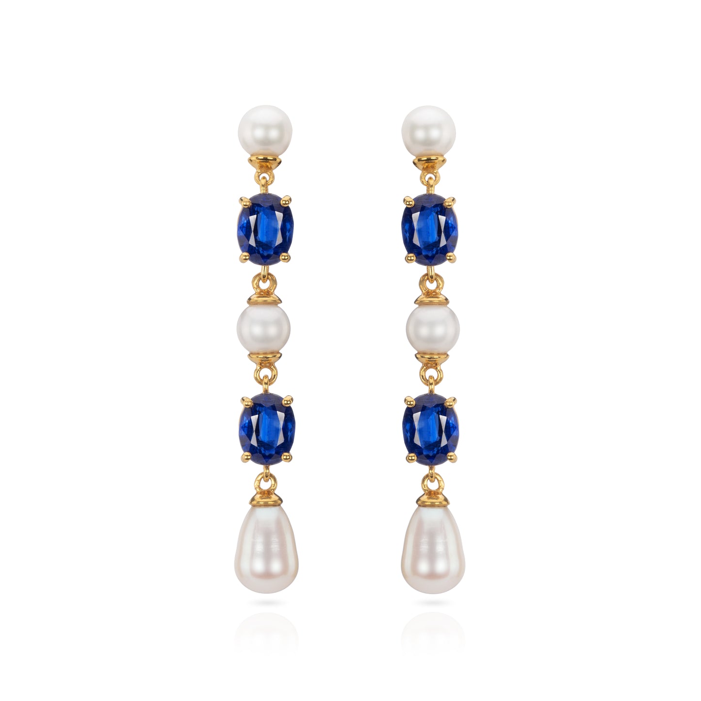 Blue Gemstone and Pearl Gold Long Drop Earrings - Augustine Jewels
