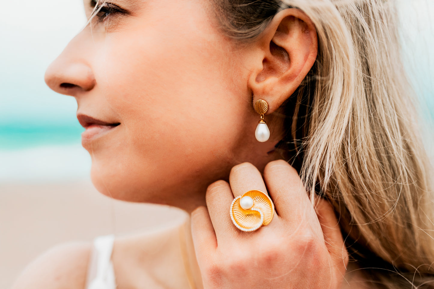 Gold Shell and Pearl Drop Earrings and Gold Pearl Spiral Shell Ring - Augustine Jewels