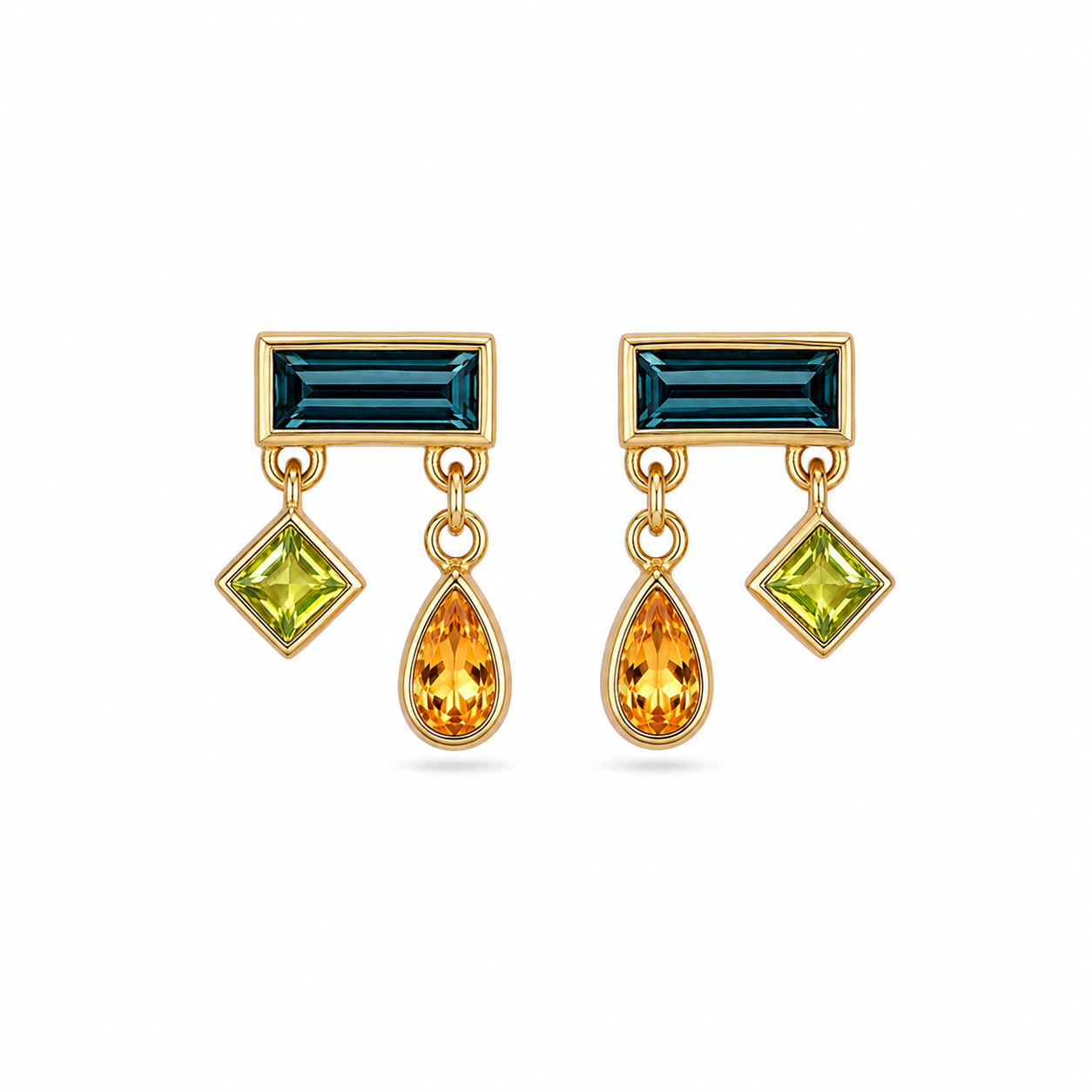 Egyptian Short Drop Earring with Peridot, Citrine and Teal Topaz