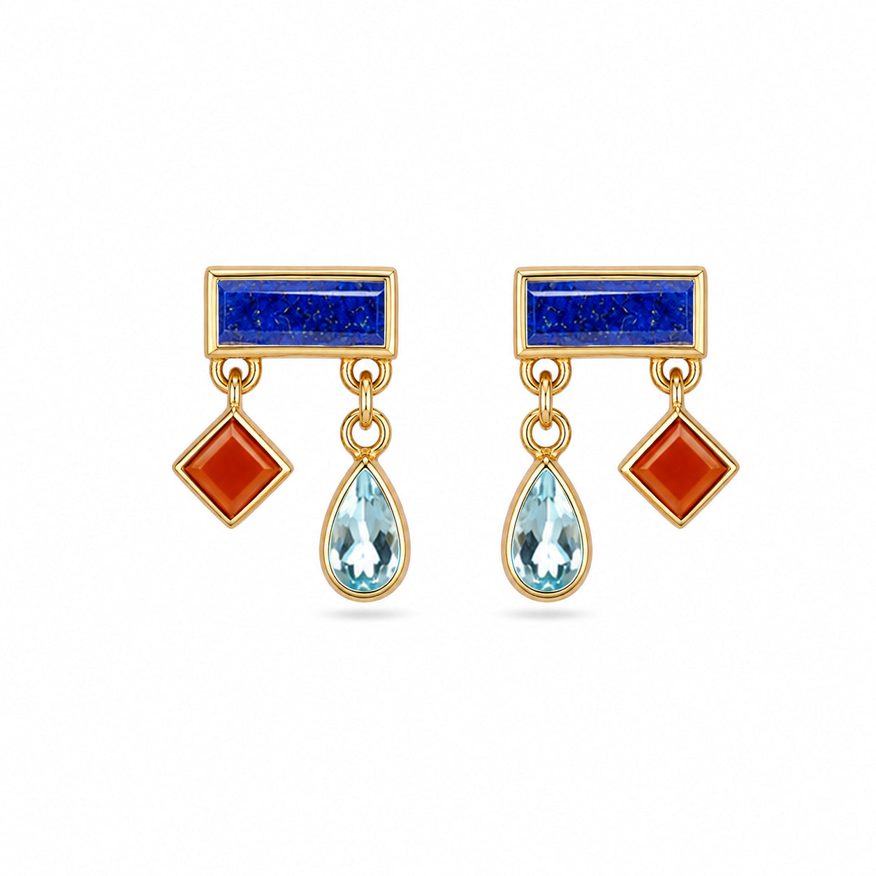 Egyptian Short Drop Earring with Lapis Lazuli, Aquamarine and Carnelian