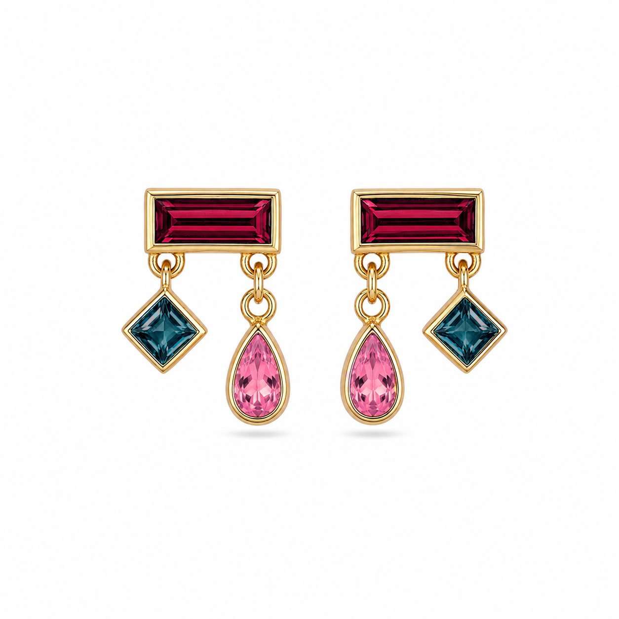 Egyptian Short Drop Earring with Teal Topaz, Rhodolite and Pink Topaz